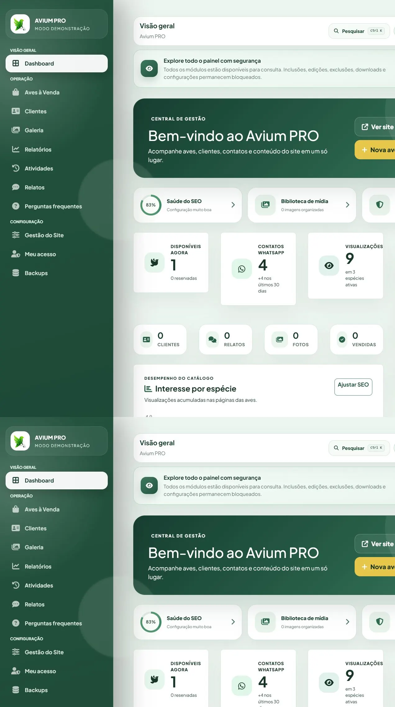 Dashboard do sistema Avium Pro para gestão de criatórios de aves